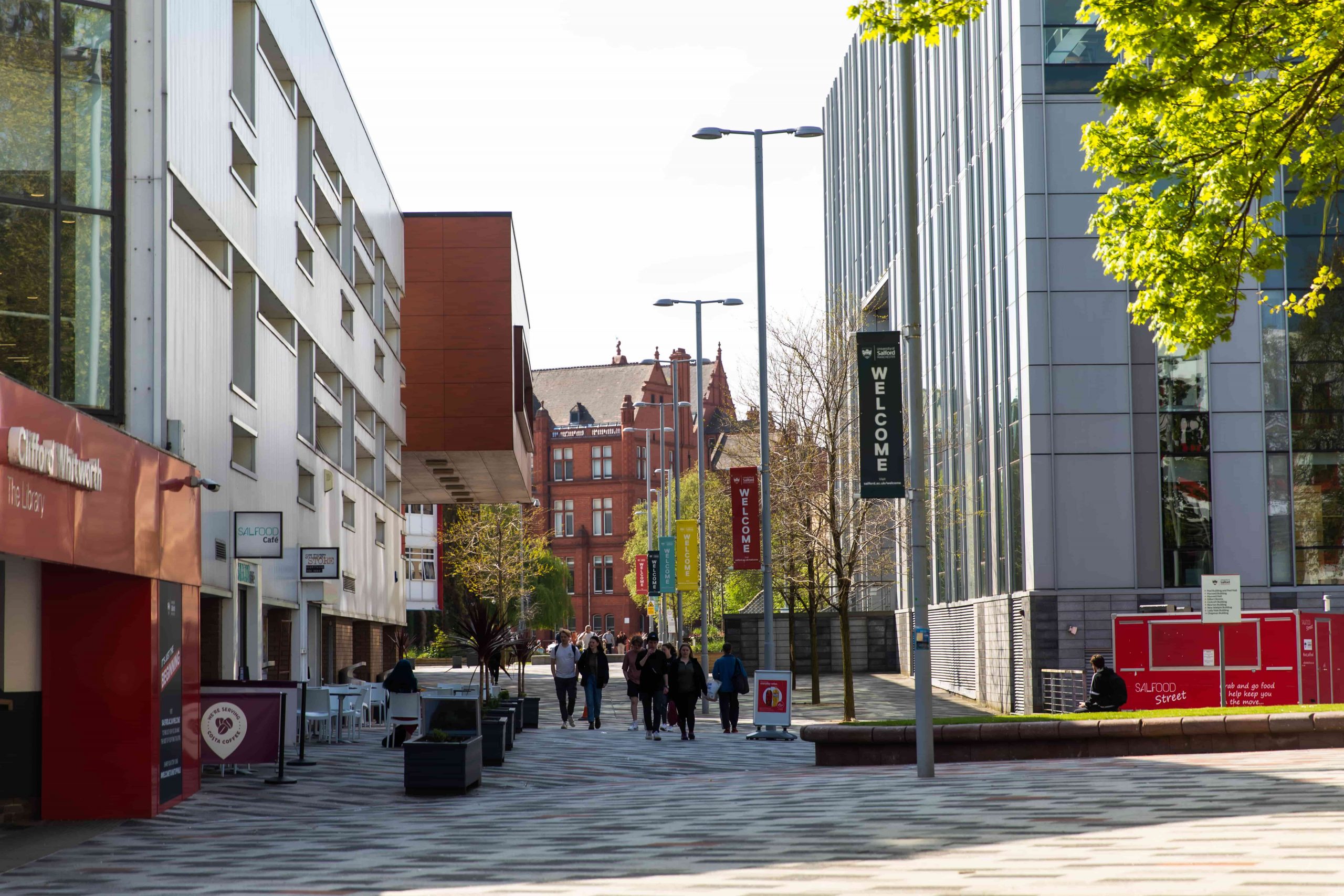 The Peel Park Campus at The University of Salford. A leafy thoroughfare in summer. 