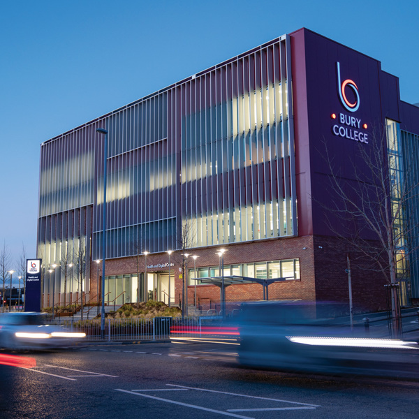 A picture of Burnley College at twilight