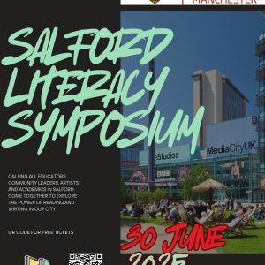 Salford Literacy Symposium poster with QR code